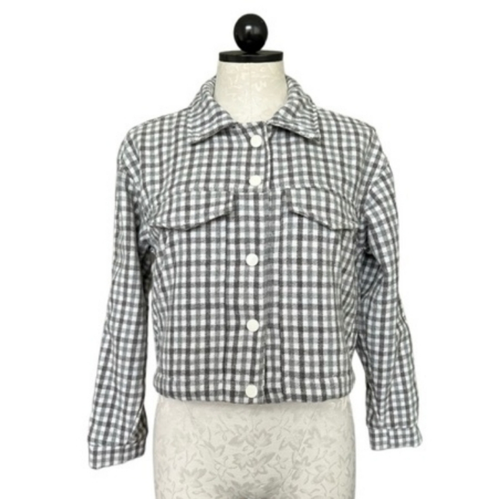 Sadie & Sage Flannel Check Crop Jacket Boxy Gray & Cream Snap Front Size Small